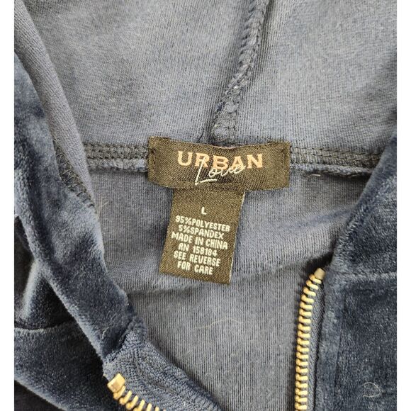 Urban Love Velour Zip Hoodie Jacket Size L Navy Y2K Cropped Rhinestone Lounge - Picture 5 of 9